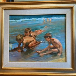 Kylpevät Lapset, J Sorolla hommage ("Badande barn") - öljy 49x59 cm
